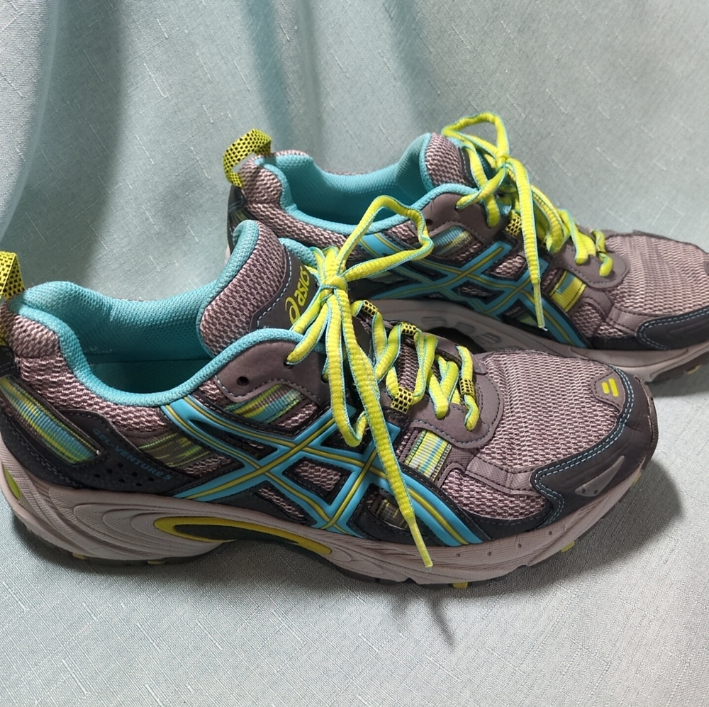 ASICS GEL VENTURE 5 WOMENS sz 9 GREY BLUE LIME RUNNING SHOE SNEAKER T5N8N